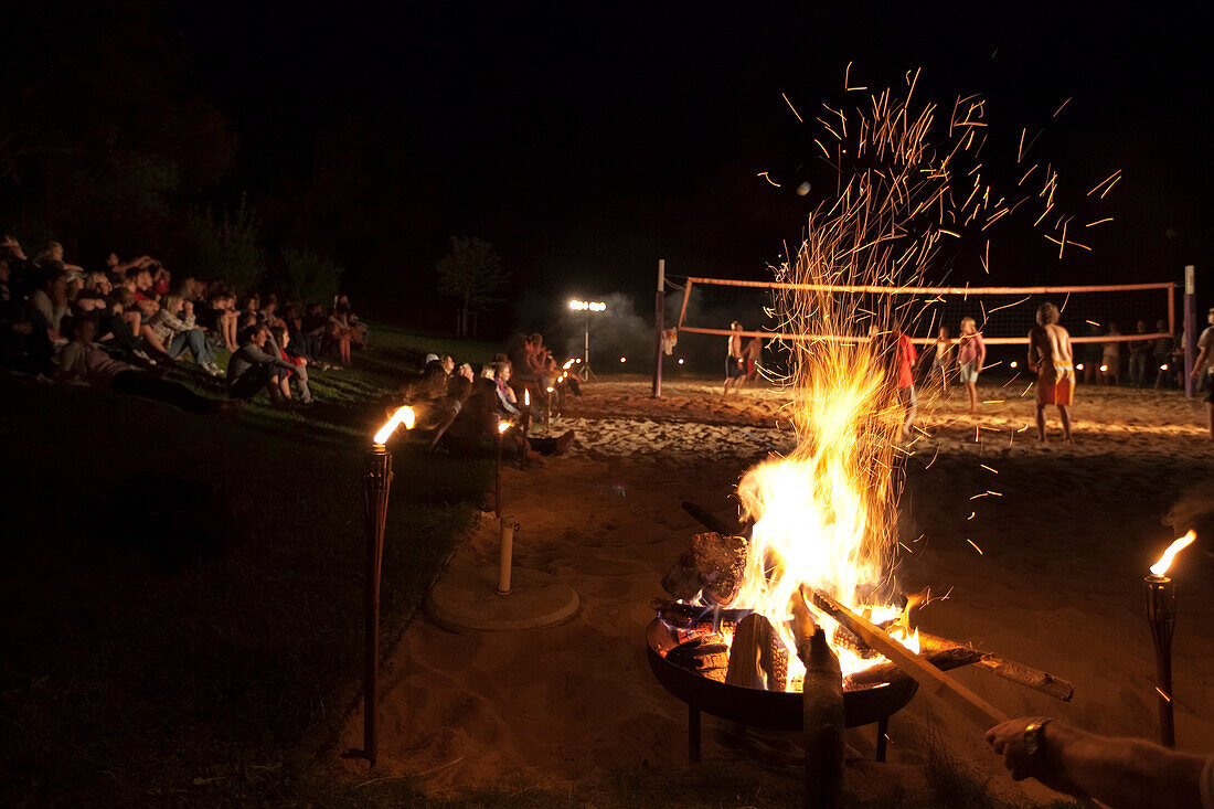 Camp fire and beach volleyball, Lake Starnberg, Upper Bavaria, Germany, Europe