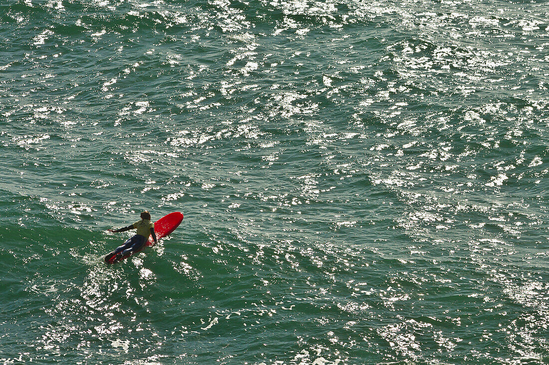 High angle view of surfer in the sea, Biarritz, Cote Basque, France, Europe