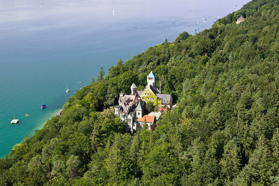 Aerial view of castle Seeburg at Lake Starnberg east shore, Upper Bavaria, Germany, Europe