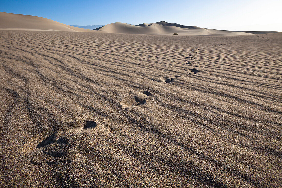 Fußspuren und Mesquite Flat Sanddünen, Death Valley Nationalpark, Kalifornien, USA, Amerika
