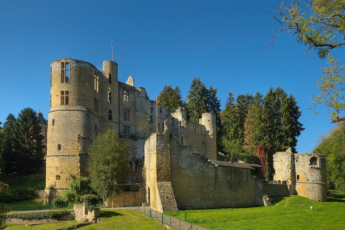 Beaufort castle in the sunlight, Beaufort, Echternach, Luxembourg, Europe