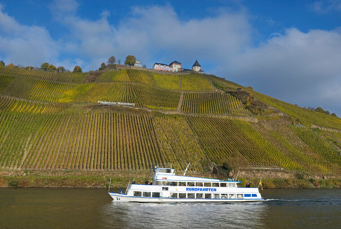 Blick auf Marienburg und Ausflugsschiff auf der Mosel, Pünderich, Rheinland-Pfalz, Deutschland, Europa