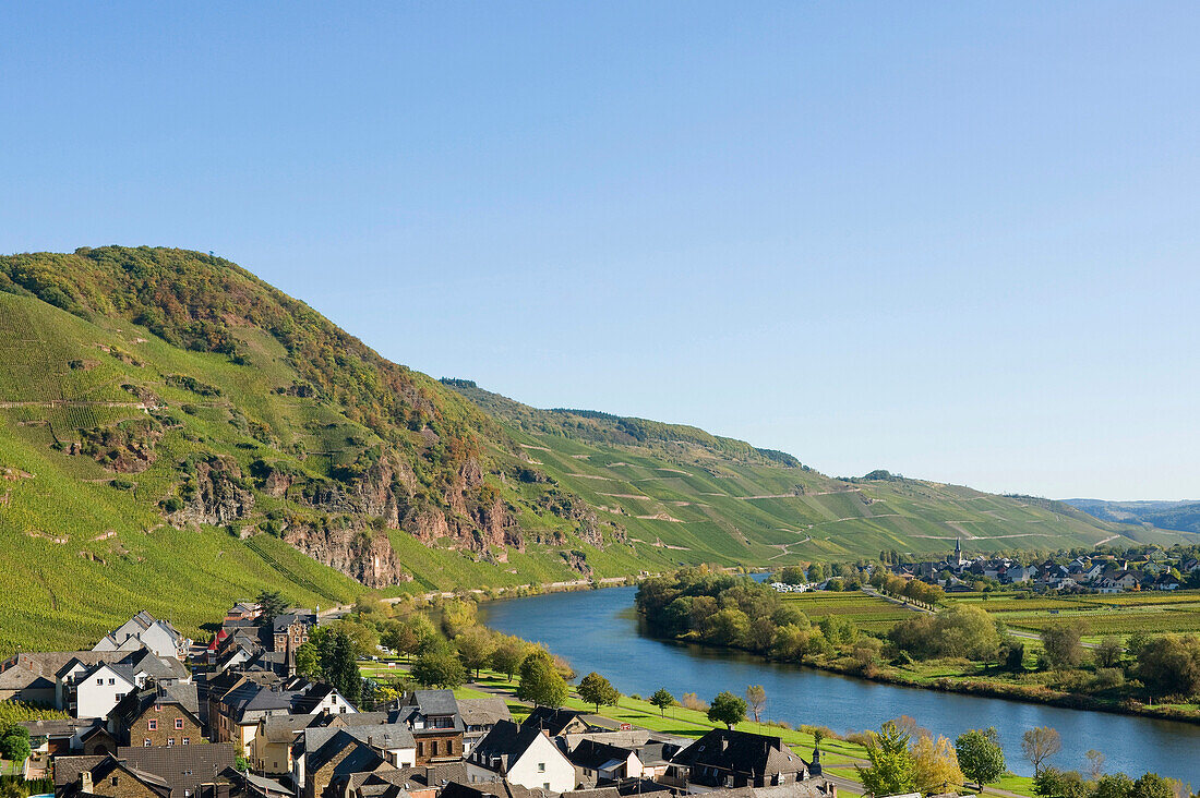 Blick auf Ürzig und Mosel, Ürzig, Rheinland Pfalz, Deutschland