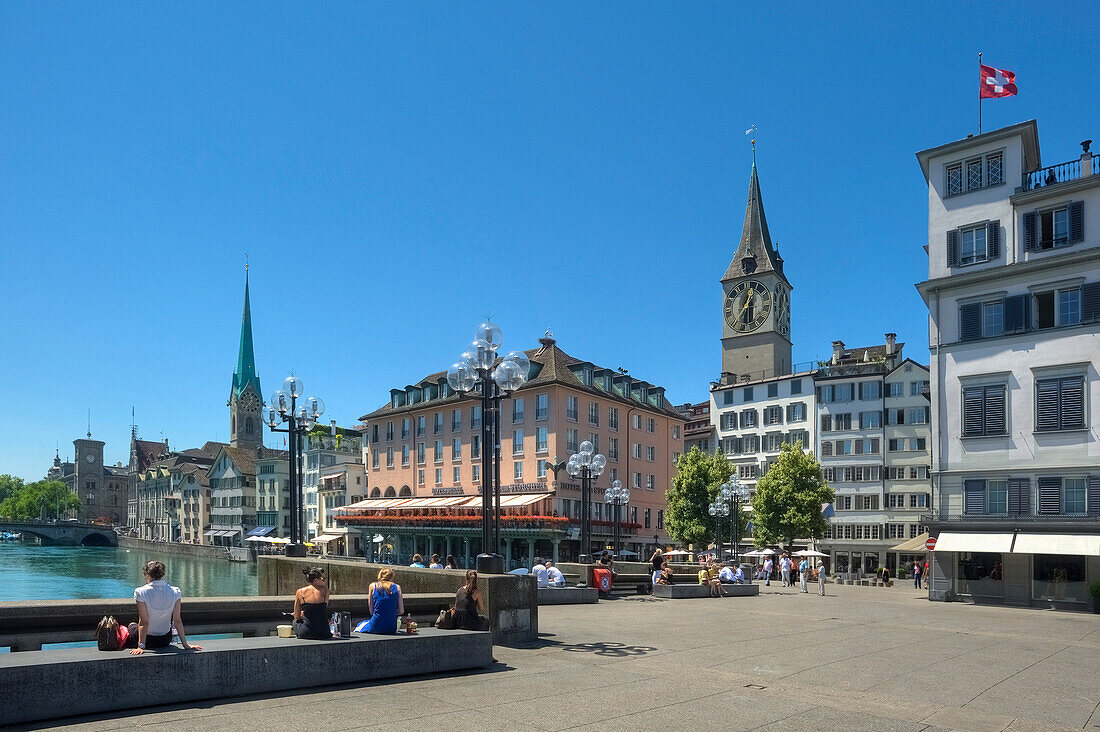 Rathaus bridge with St Peter and Frauenmunster, Zurich, Switzerland