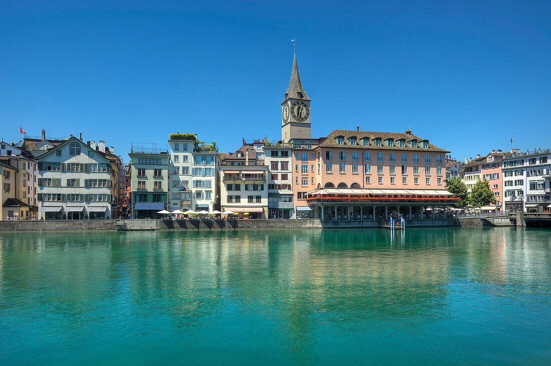 Fluss Limmat mit St. Peter und Hotel zum Storchen, Zürich, Schweiz, Europa