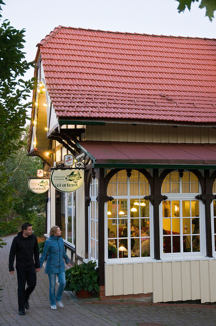 Restaurant at dusk, Schierke, Harz, Saxony-Anhalt, Germany