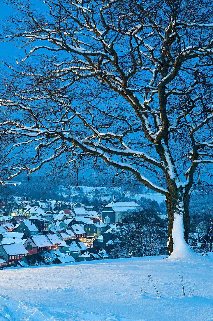 View on St Andreasberg from Glockenberg at dusk, snow, winter, Harz, Lower Saxony, Germany