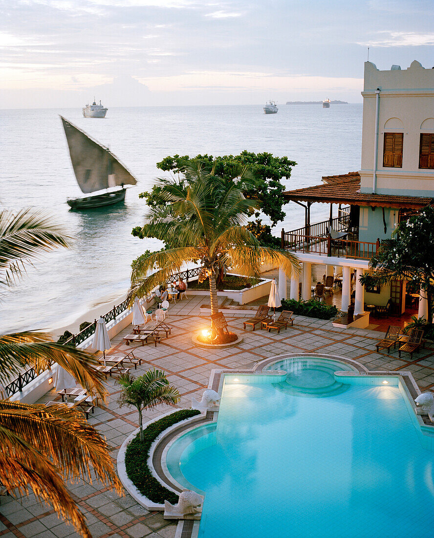 Serena Inn Hotel, former palace now luxury hotel of Aga Khan Group at the Forodhani shore of Stone Town, Zanzibar, Tanzania, East Africa