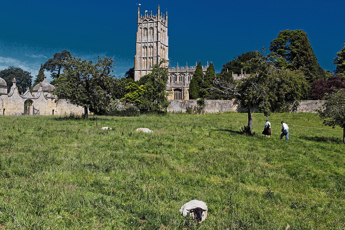 View over pasture onto St. James church, Chipping Camden, Gloucestershire, Cotswolds, England, Great Britain, Europe