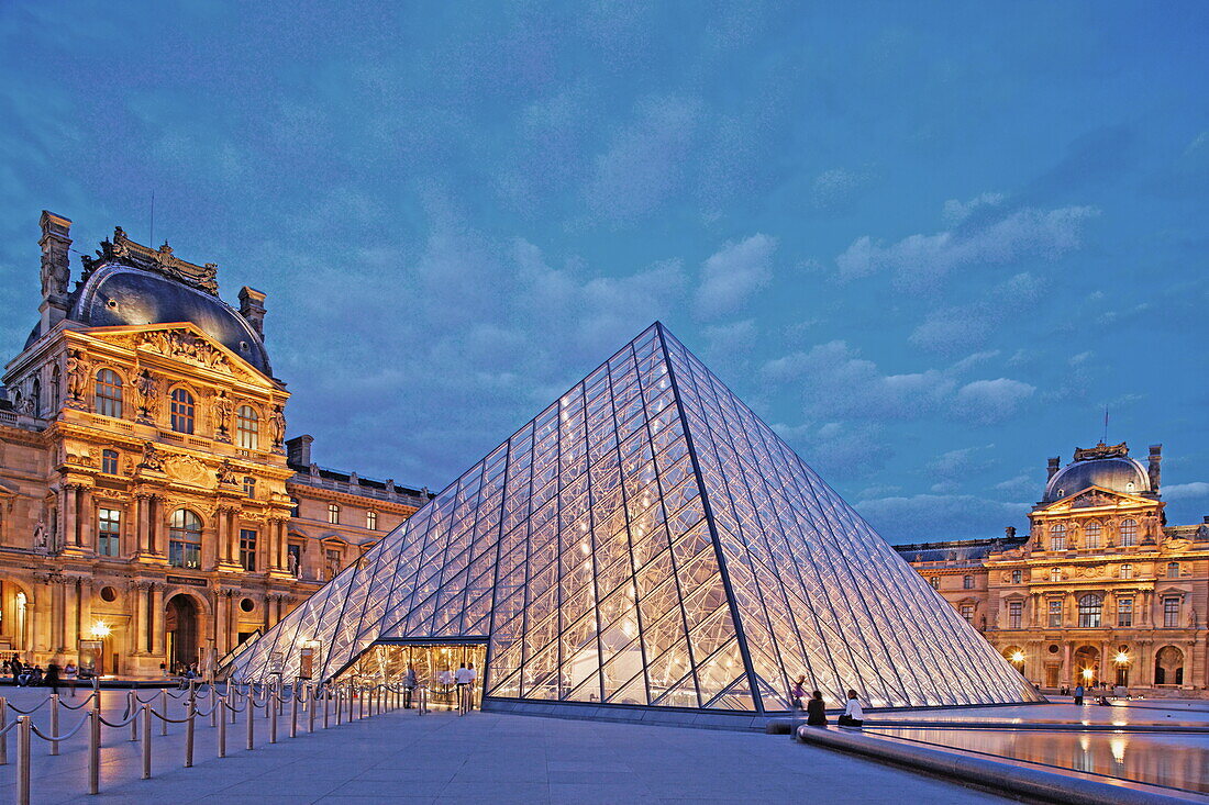 Louvre and the pyramid by I.M. Pei in the evening, Paris, France, Europe