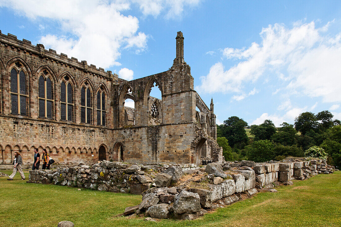 The ruins of Bolton Abbey under clouded sky, Yorkshire Dales National Park, Yorkshire Dales, Yorkshire, England, Great Britain, Europe