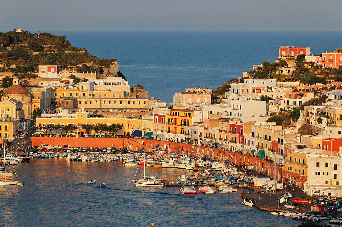 View of port and the town of Ponza, Island of Ponza, Pontine Islands, Lazio, Italy, Europe