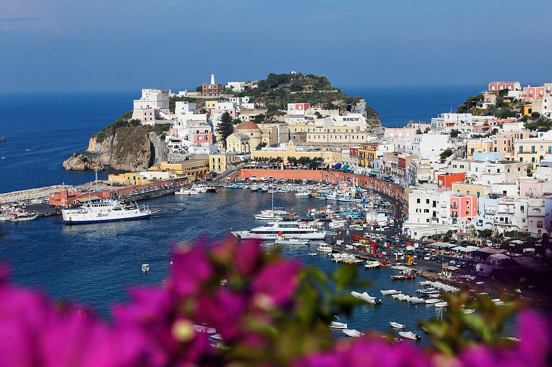 View of the port and the town of Ponza, Island of Ponza, Pontine Islands, Lazio, Italy, Europe