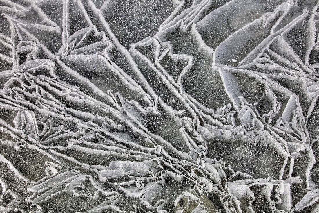 Ice patterns on frozen surface of Mueller glacial lake, Aoraki / Mt Cook National Park, New Zealand