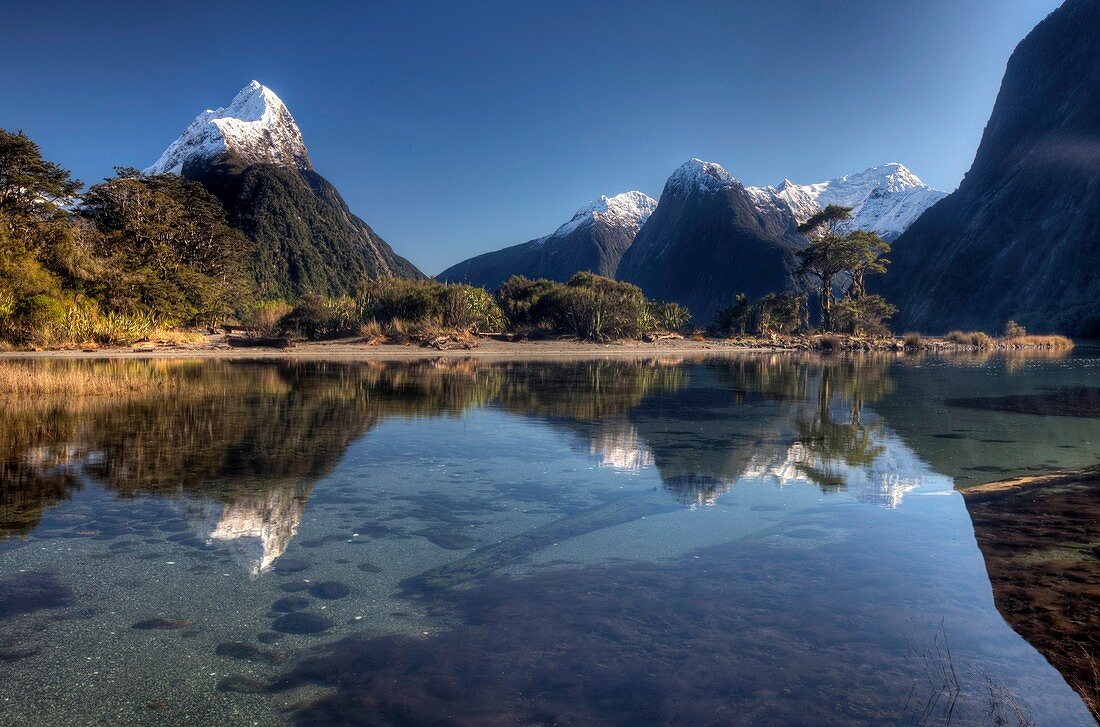 Mitre peak, winter morning, Milford Sound, Fiordland National Park.