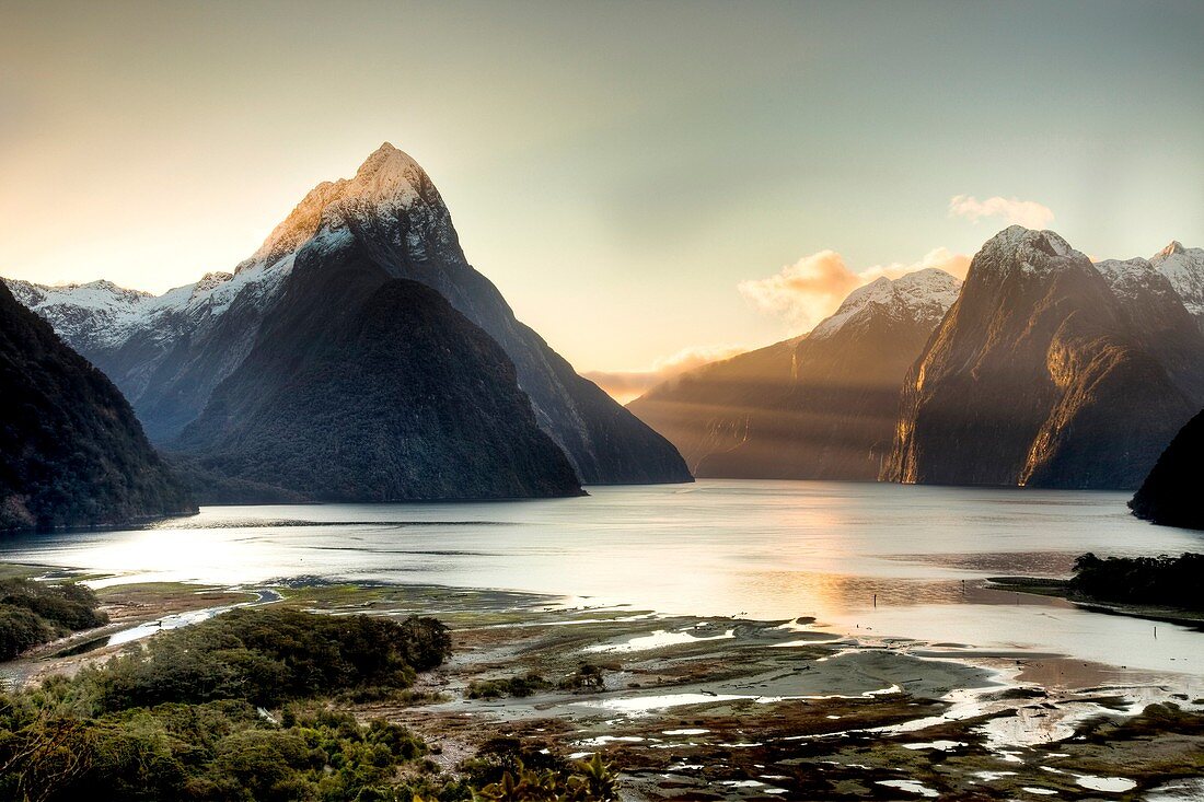 Mitre peak at sunset from above village, Milford Sound, Fiordland National Park, World Heritage site