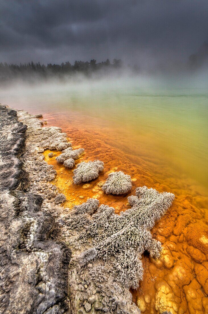 Champagne pool, burst of sunshine lights up foreshore during day of blowing mist and heavy rain, Wai-o-Tapu thermal region, Rotorua