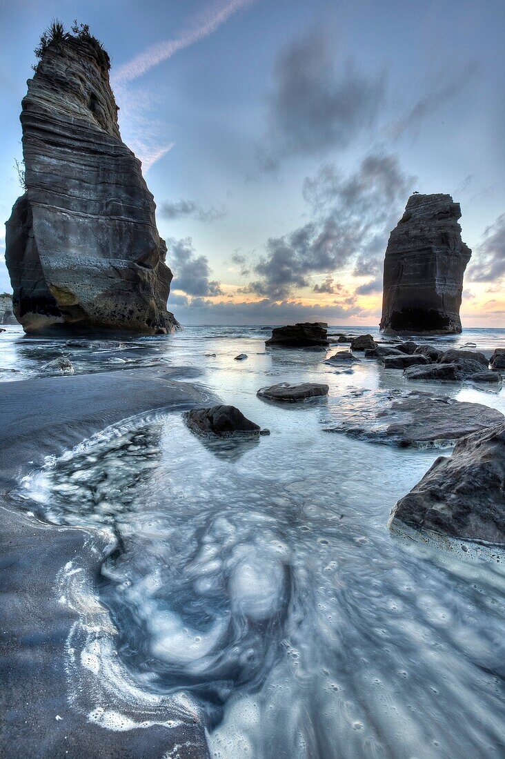 Two Sisters  formerly Three sisters until one rock stack fell over, sunset, Tongaporutu, North Taranaki
