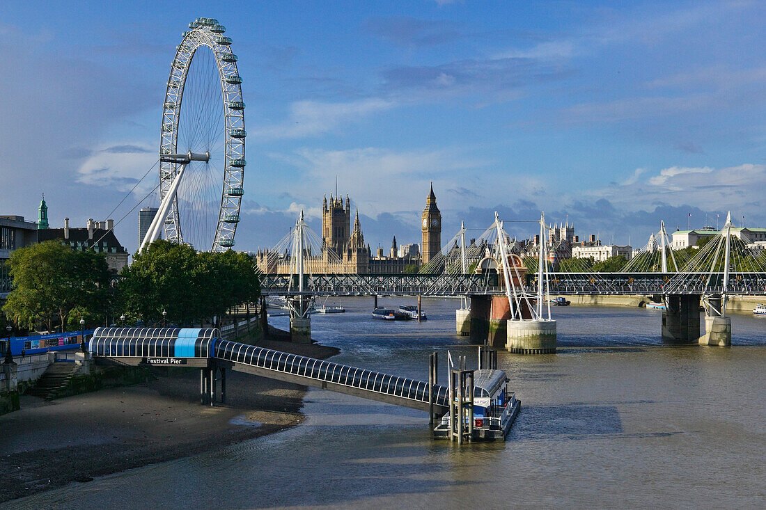 Hungerford Bridge and Houses of Parliament, London, England
