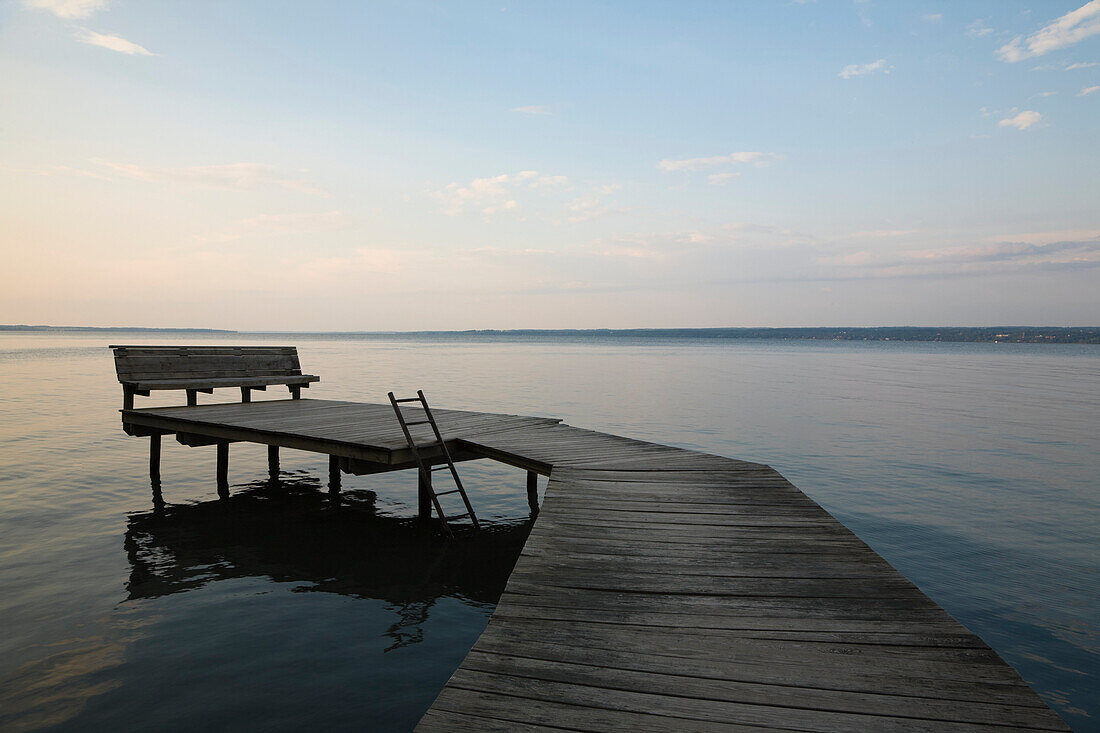 Lakeside Dock With Bench At Dusk, Ithaca, New York, USA
