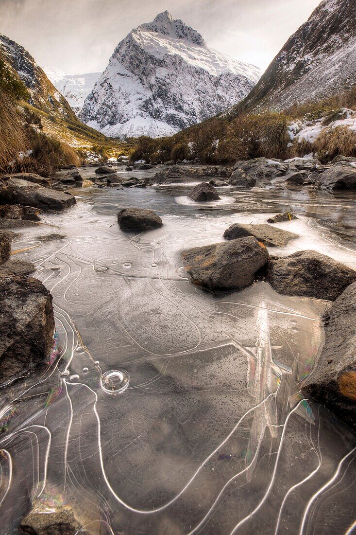 Mt Talbot, ice patterns on stream bed, Hollyford valley, Fiordland National Park, World Heritage site