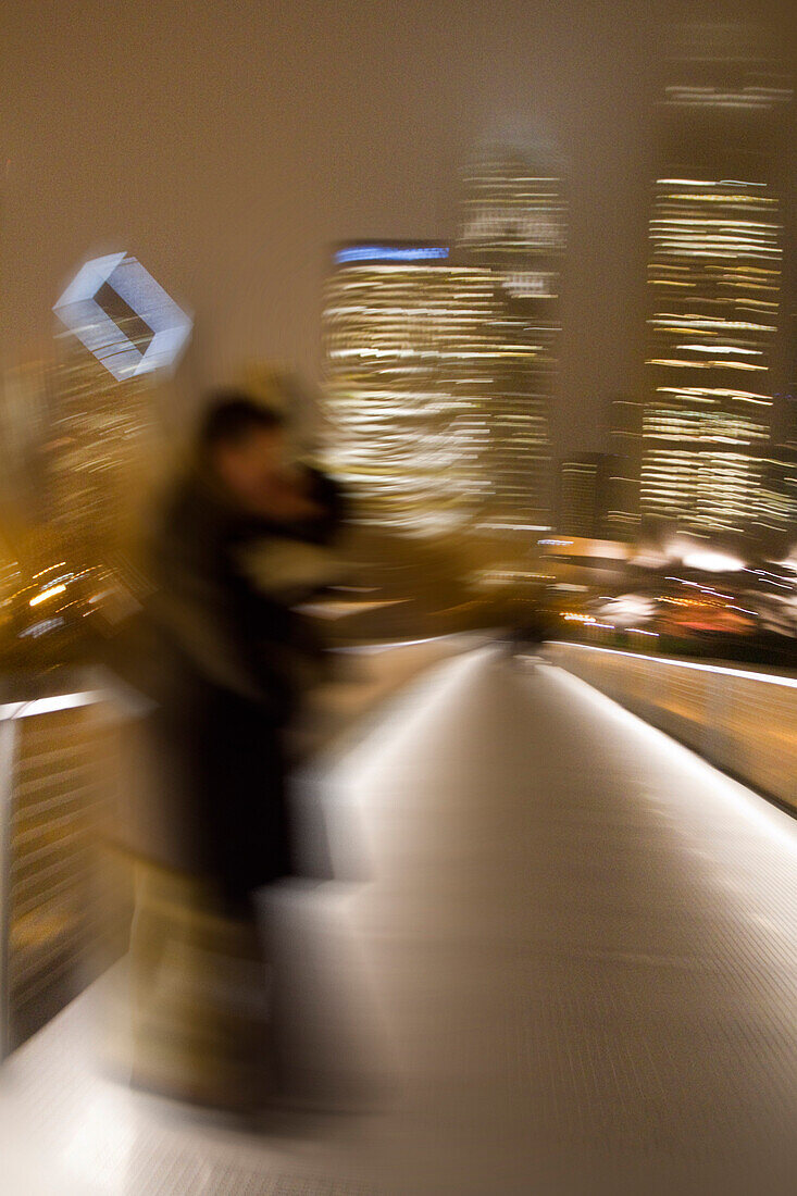 Blurred Couple on Walkway to Modern Art Museum with Skyline in Background, Chicago, Illinois, USA