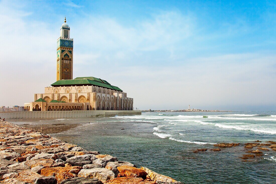 The Hassan II mosque with the Atlantic Ocean in Casablanca, Morocco