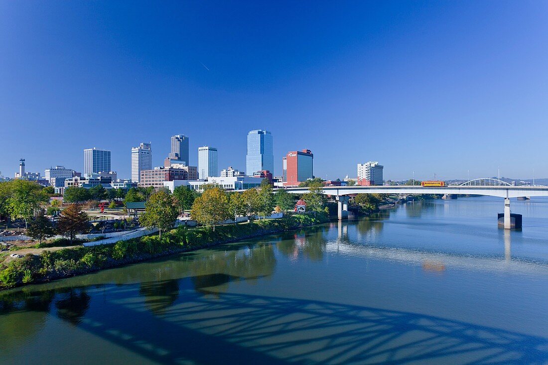 The Arkansas river and the skyline of Little Rock, Arkansas, USA