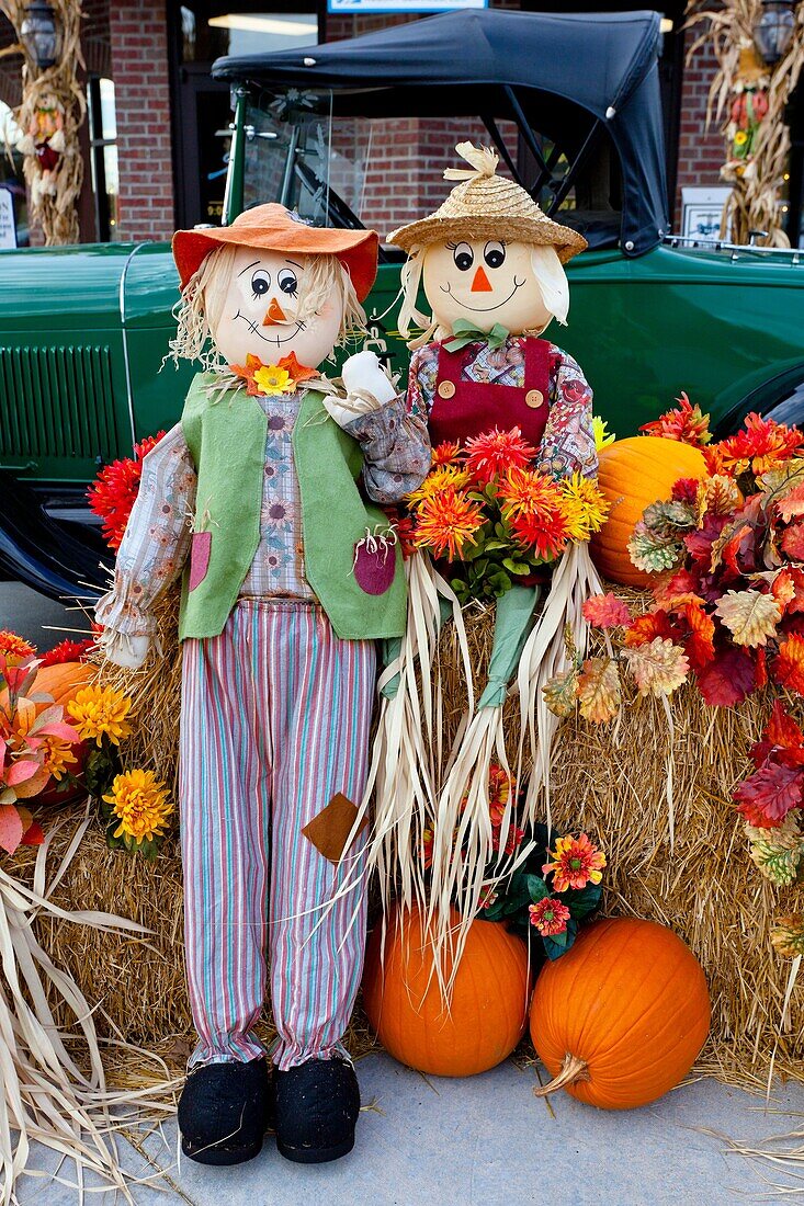A fall public display of scarecrow, pumpkins, flowers and corn stalks in Branson, Missouri, USA