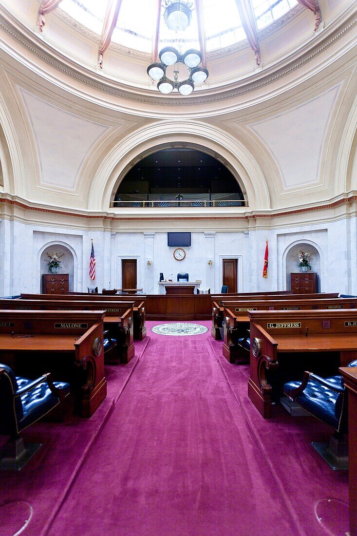 The State Senate chambers at the State Capitol building in Little Rock, Arkansas, USA