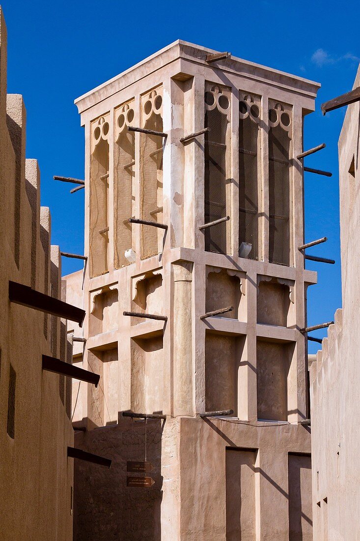 Architecture of the Bastakiah section near Dubai Creek featuring the characteristic ventilation wind towers in Dubai, UAE, Persian Gulf