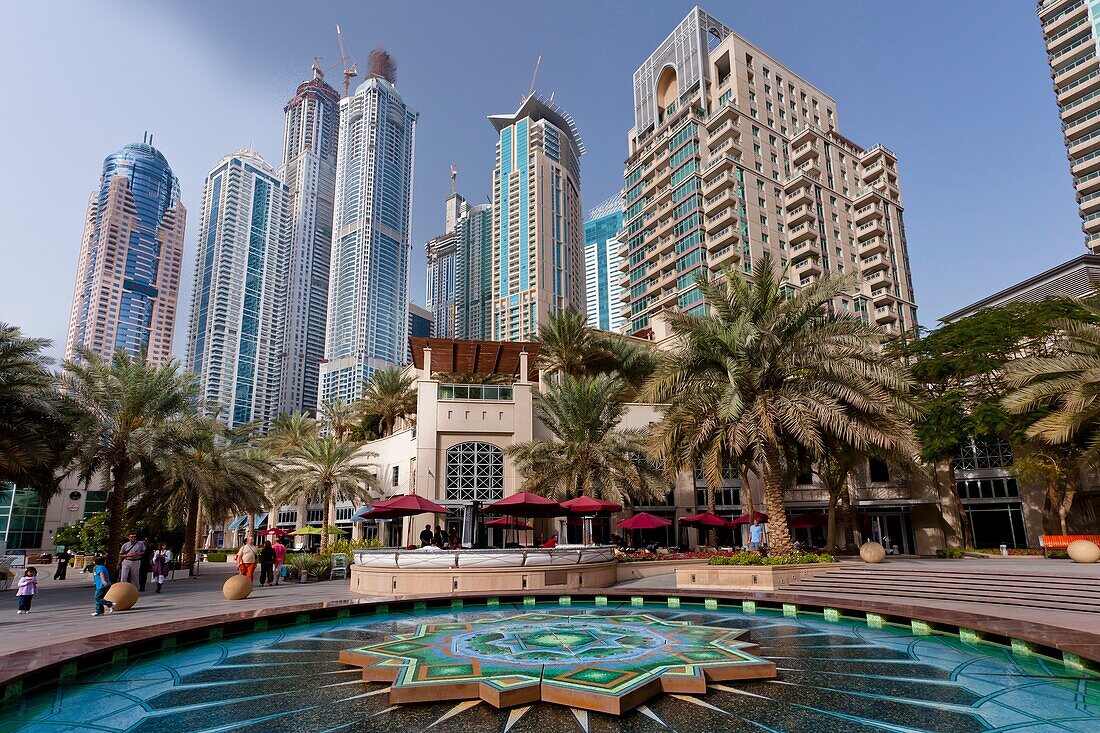 A colorful fountain in the Marina district of Dubai, UAE, Persian Gulf