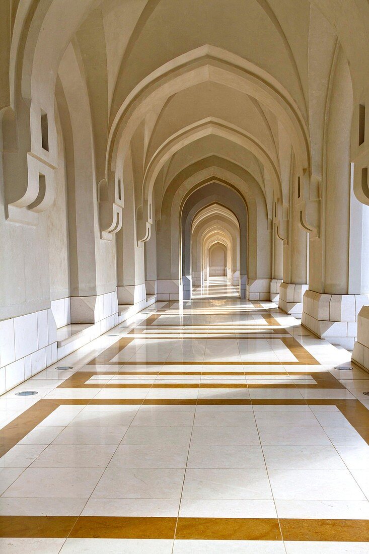 An arched hallway at the Ministry of finance buildings near the Al Alam Royal Palace in Muscat, Oman