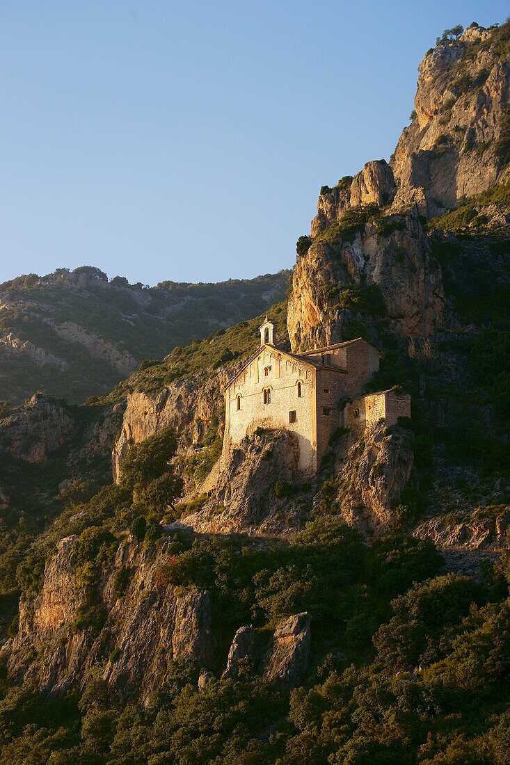 Romanesque hermitage of Mare de Deu de la Pedra Àger Valley Montsec d´Ares Lleida Pyrenees Mountains Catalonia Spain