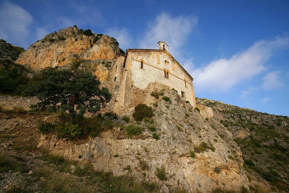 Romanesque hermitage of Mare de Deu de la Pedra Àger Valley Montsec d´Ares Lleida Pyrenees Mountains Catalonia Spain
