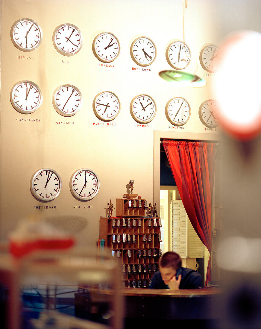 Reception of Hotel New York with World Time Clocks, Kop van Zuid, Rotterdam, Netherlands