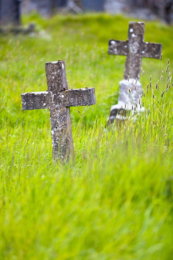 Crosses at a graveyard at Burrishoole Abbey, County Mayo, Ireland, Europe