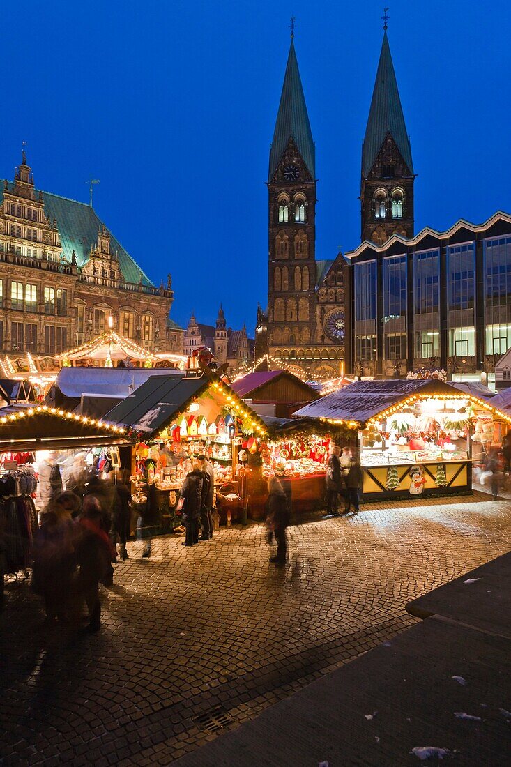 View over the christmas market at dusk in Bremen, Germany, Europe