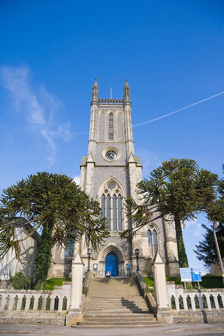 St Mary Church from Marlborough Street, Andover, Hampshire, England, UK.