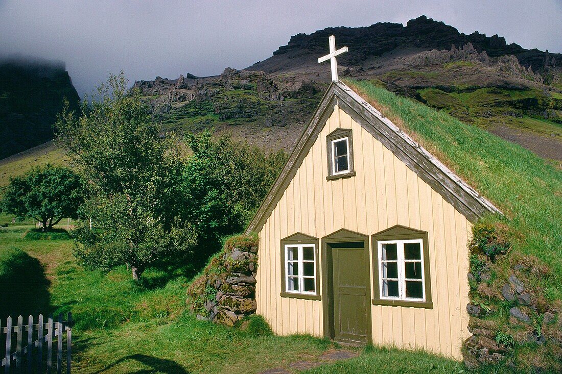 Iceland, Hof village, Traditional Sod Covered House