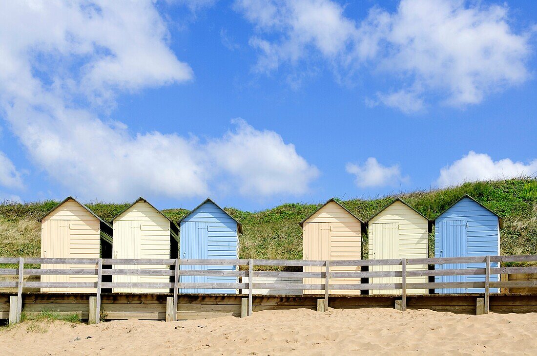 The beach huts at Summerleaze Beach, Bude, Cornwall, England, United Kingdom