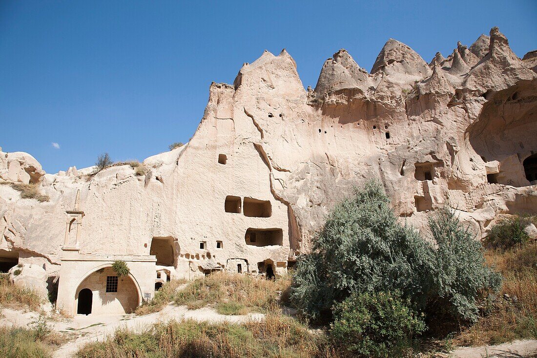 geological formations, mosque, zelve open-air museum, cappadocia, anatolia, turkey, asia