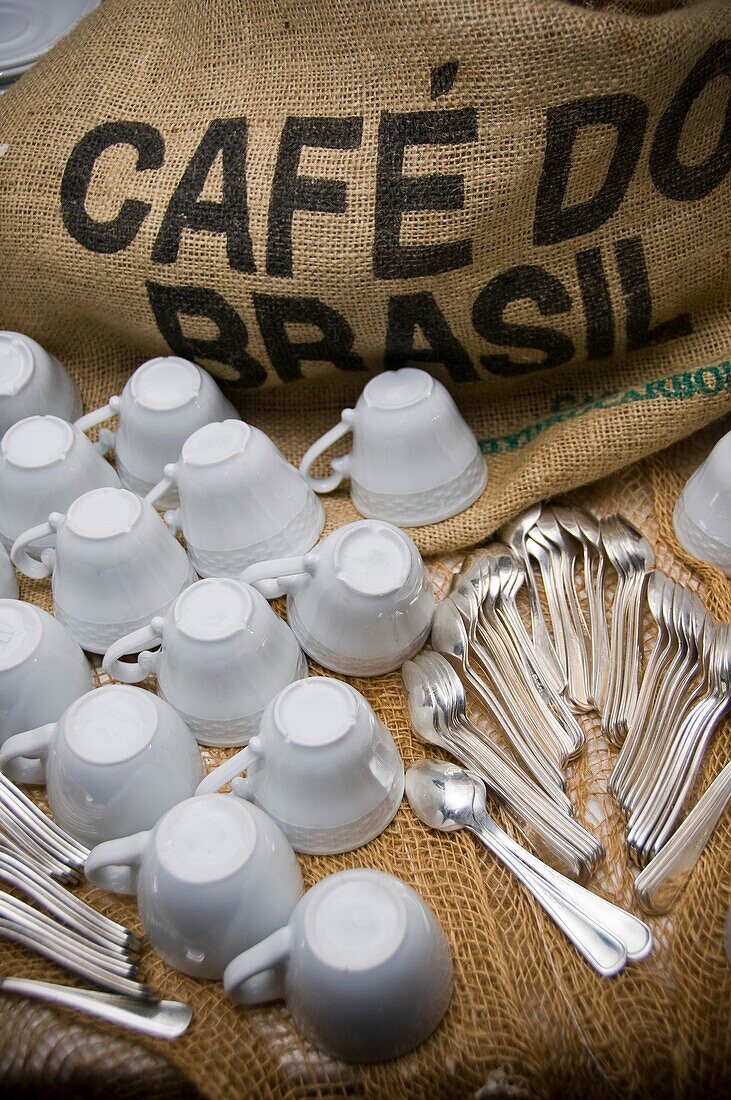 Brazilian coffee with cups and teaspoons