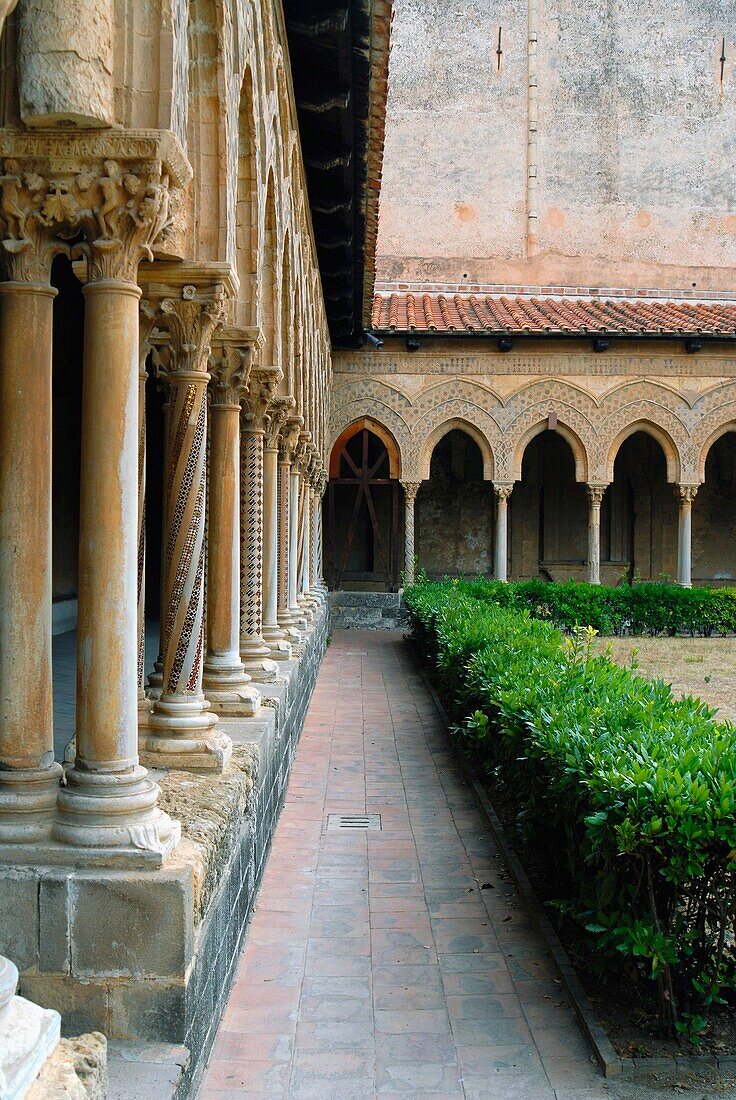 The mosaic columns and capitals in the cloister of Duomo di Monreale Sicily Italy