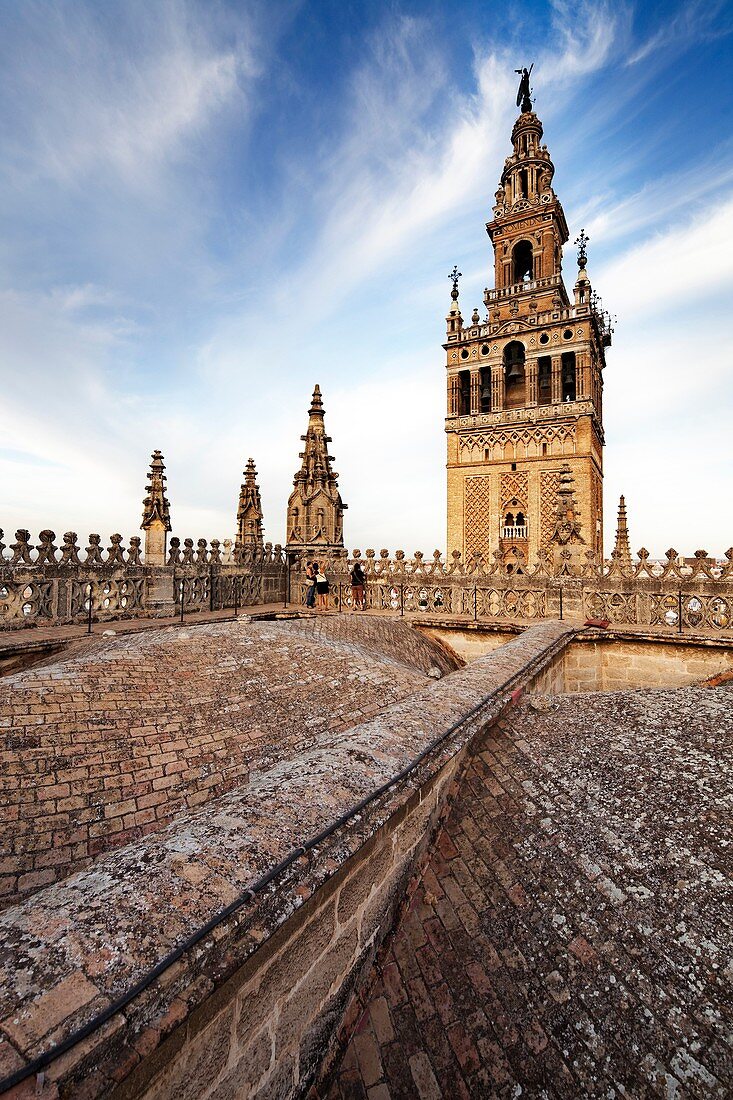The Giralda Tower as seen from the roof of Santa Maria de la Sede Cathedral, Seville, Spain