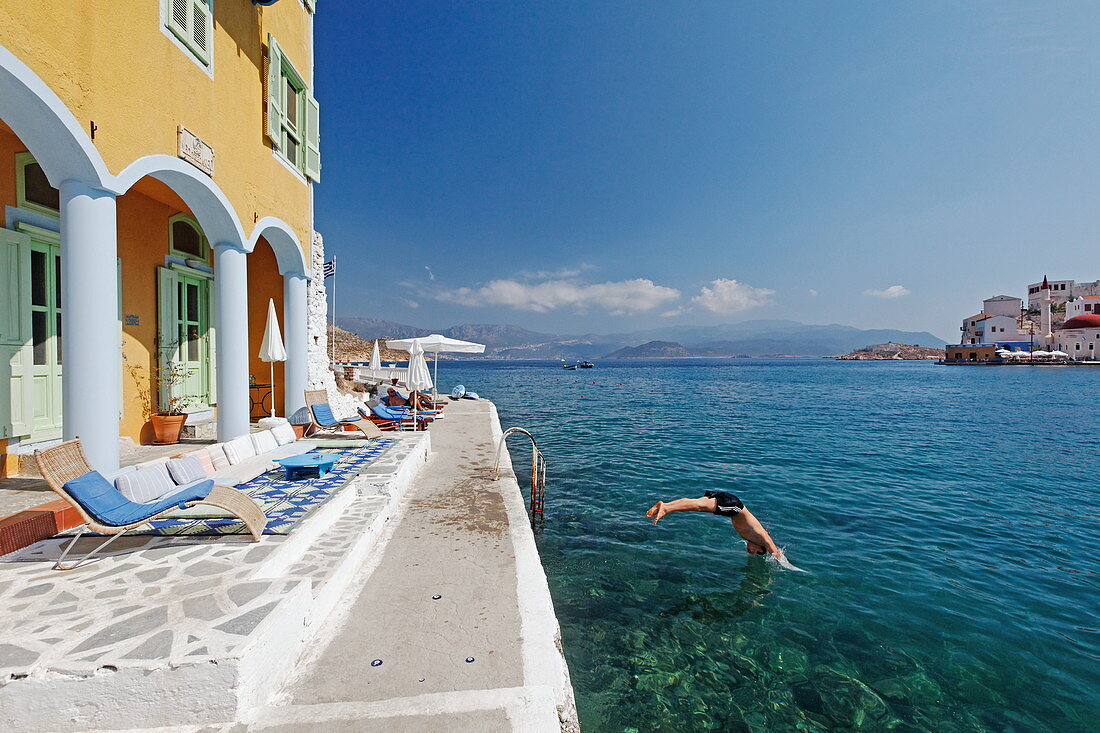 Hotel on the waterfront, Kastelorizo Megiste, Dodecanese Islands, Greece, Europe