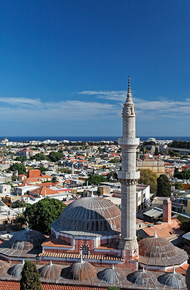 View from the clock tower onto the Süleyman mosque and the old town of Rhodes, Rhodes, Dodecanese Islands, Greece, Europe