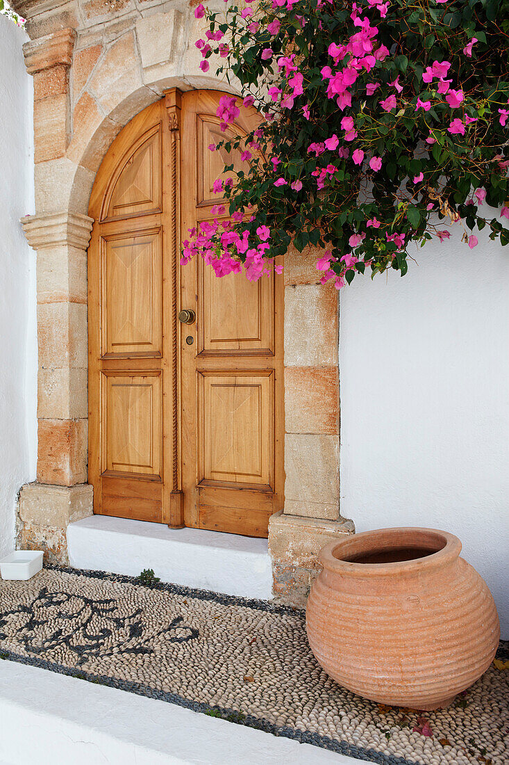Entrance to one of the captain's houses, Lindos, Rhodes, Dodecanese Islands, Greece, Europe
