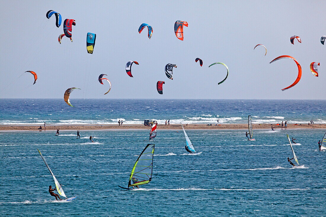 Kite surfing at Prasonisi beach, Prasonisi peninsula, Rhodes, Dodecanese Islands, Greece, Europe