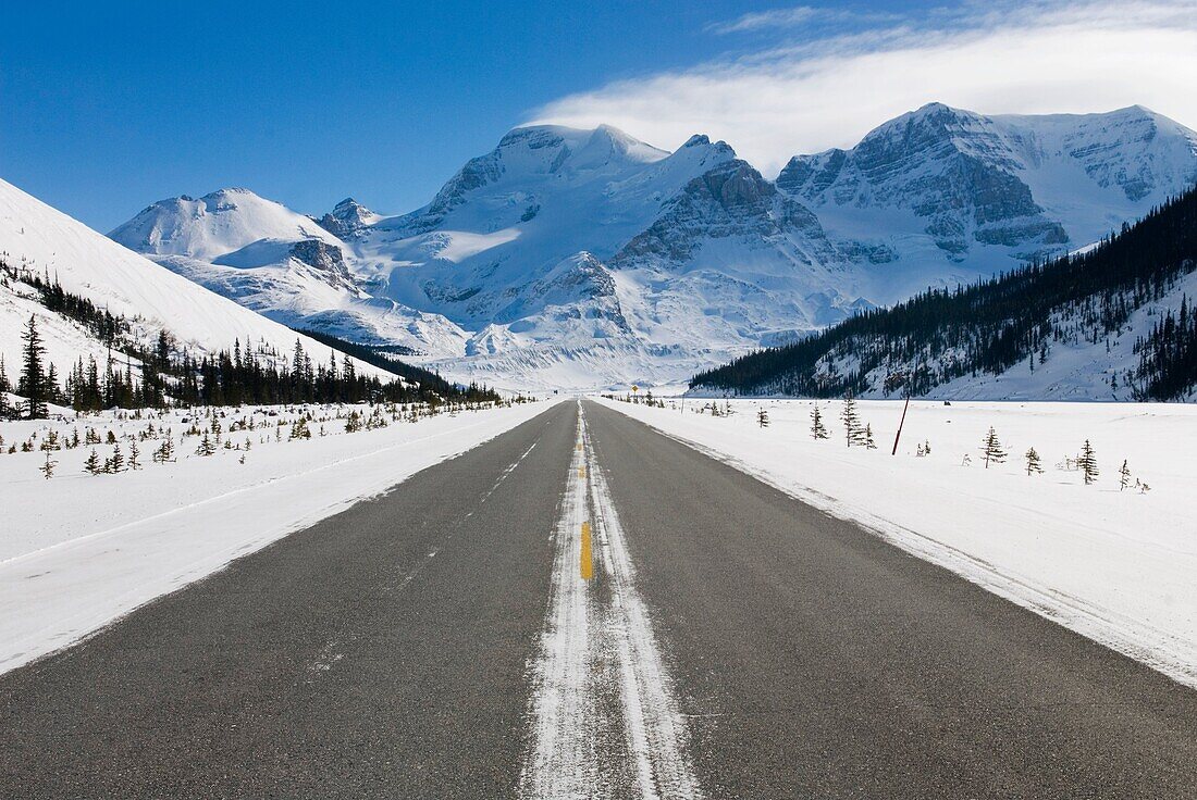 Icefields Parkway in winter, Mount Athabasca is in the distance, Jasper National Park Alberta Canada